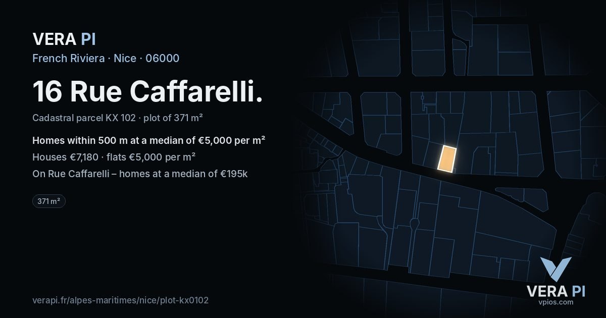 16 Rue Caffarelli, Nice at night – the plot lit, the parcels around coloured by the prices near them