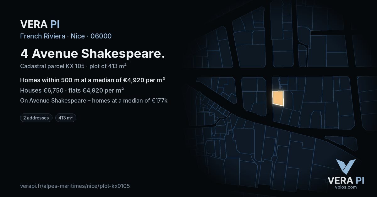 4 Avenue Shakespeare, Nice at night – the plot lit, the parcels around coloured by the prices near them