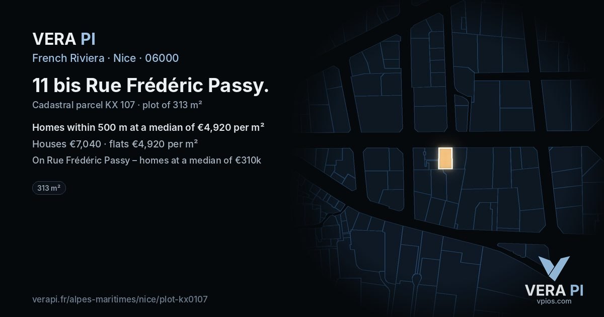 11 bis Rue Frédéric Passy, Nice at night – the plot lit, the parcels around coloured by the prices near them