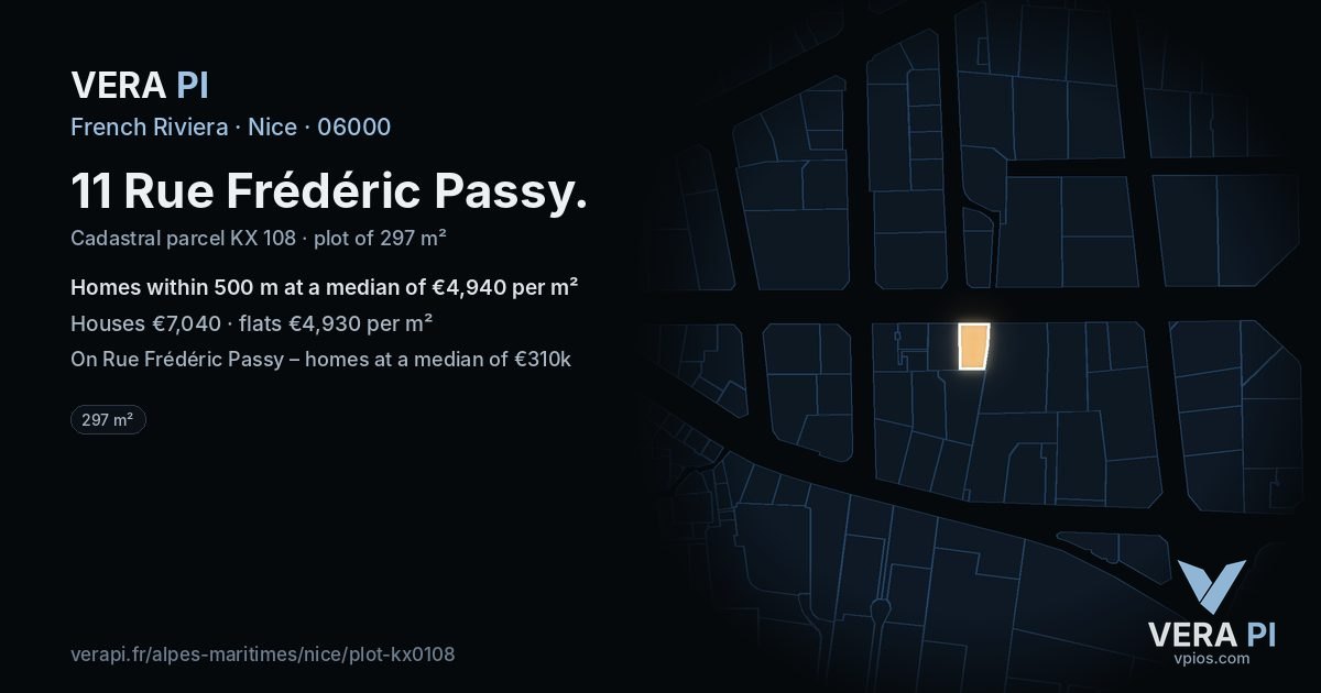 11 Rue Frédéric Passy, Nice at night – the plot lit, the parcels around coloured by the prices near them