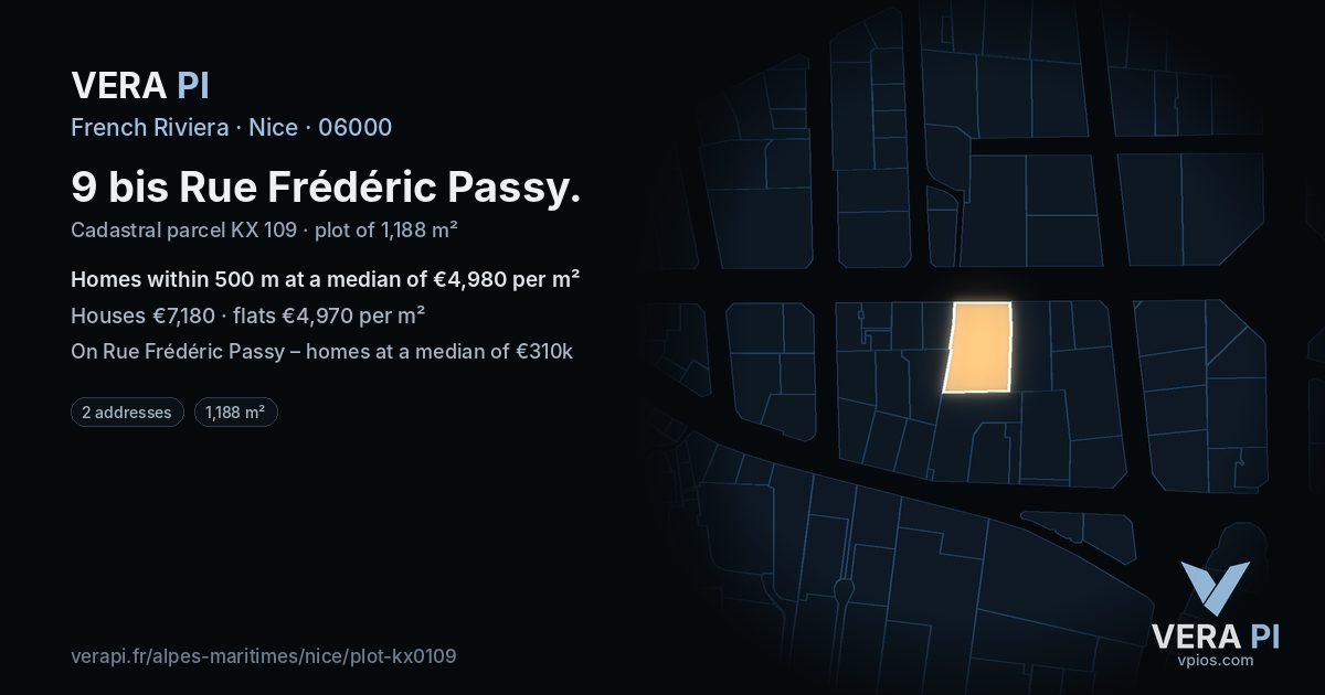 9 bis Rue Frédéric Passy, Nice at night – the plot lit, the parcels around coloured by the prices near them