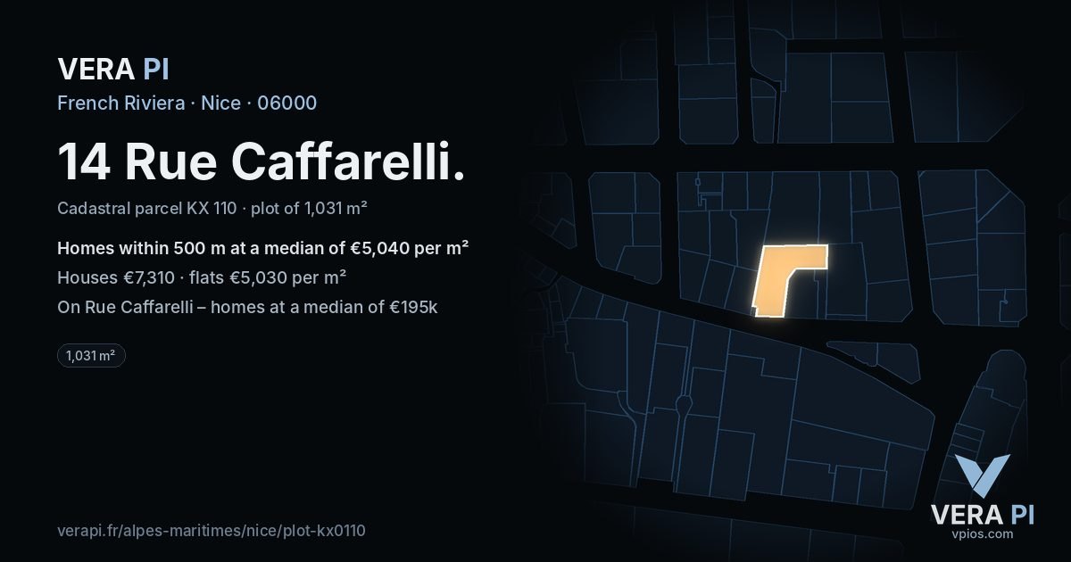 14 Rue Caffarelli, Nice at night – the plot lit, the parcels around coloured by the prices near them