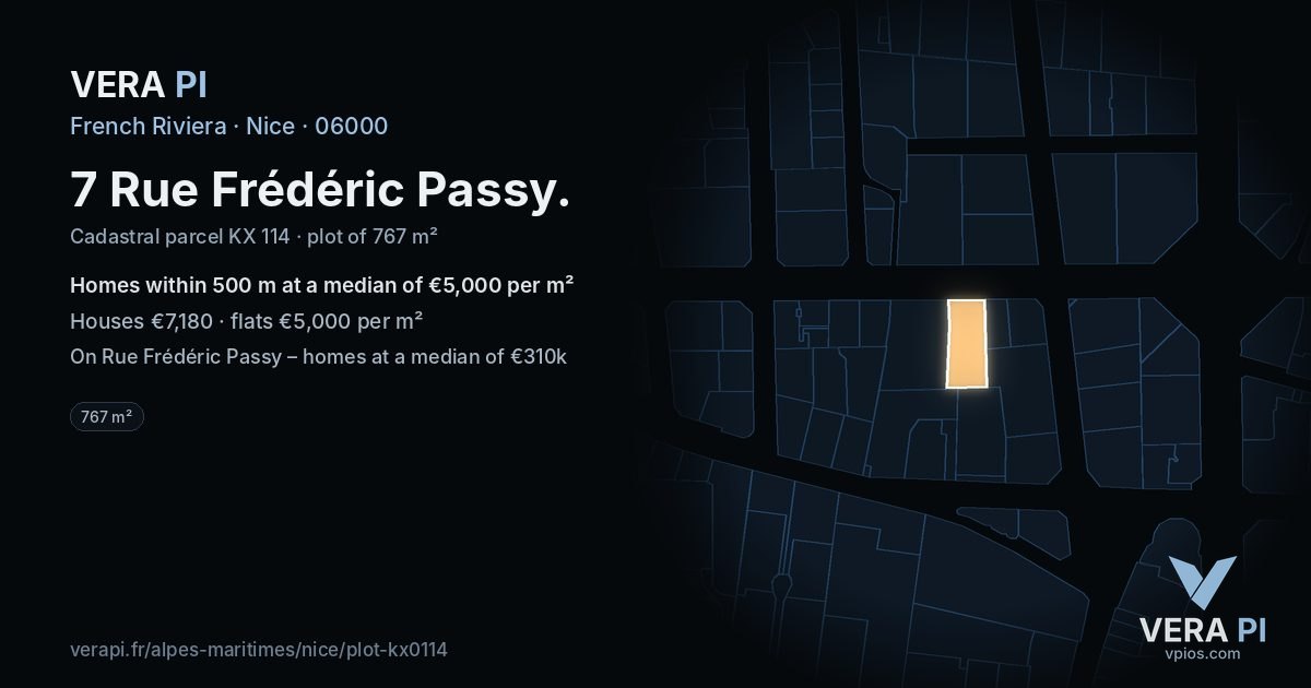 7 Rue Frédéric Passy, Nice at night – the plot lit, the parcels around coloured by the prices near them