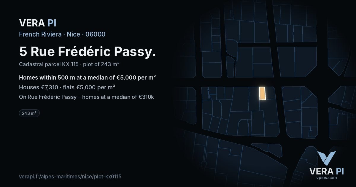 5 Rue Frédéric Passy, Nice at night – the plot lit, the parcels around coloured by the prices near them