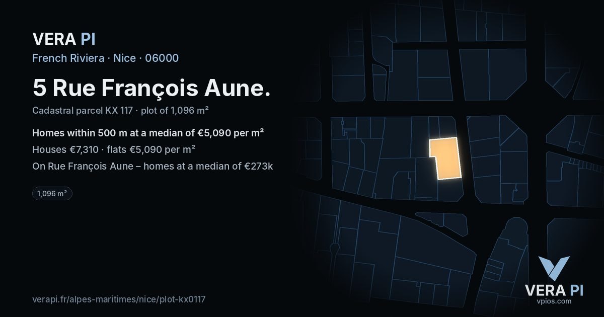 5 Rue François Aune, Nice at night – the plot lit, the parcels around coloured by the prices near them