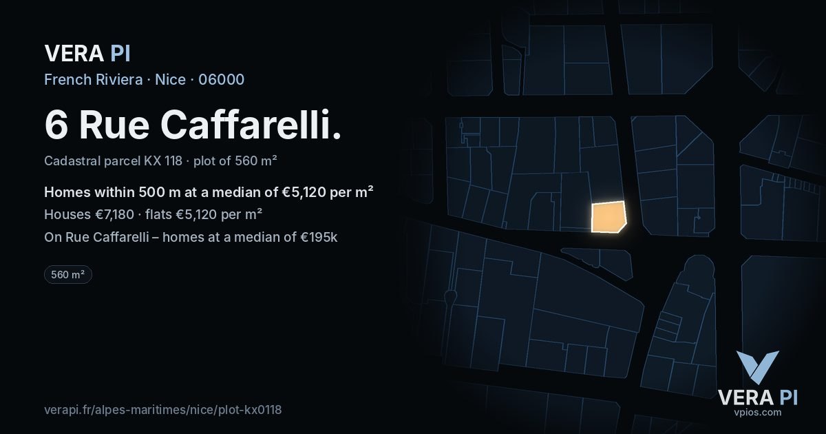 6 Rue Caffarelli, Nice at night – the plot lit, the parcels around coloured by the prices near them