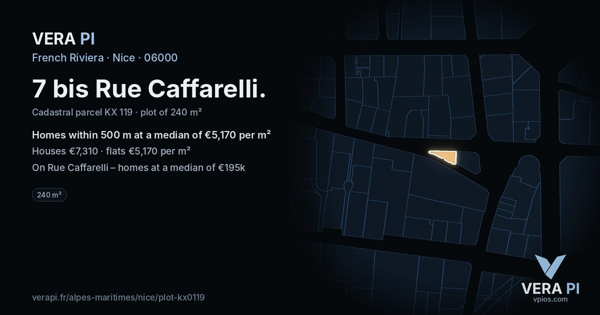 7 bis Rue Caffarelli, Nice at night – the plot lit, the parcels around coloured by the prices near them