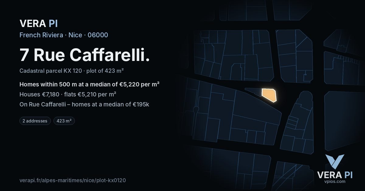 7 Rue Caffarelli, Nice at night – the plot lit, the parcels around coloured by the prices near them