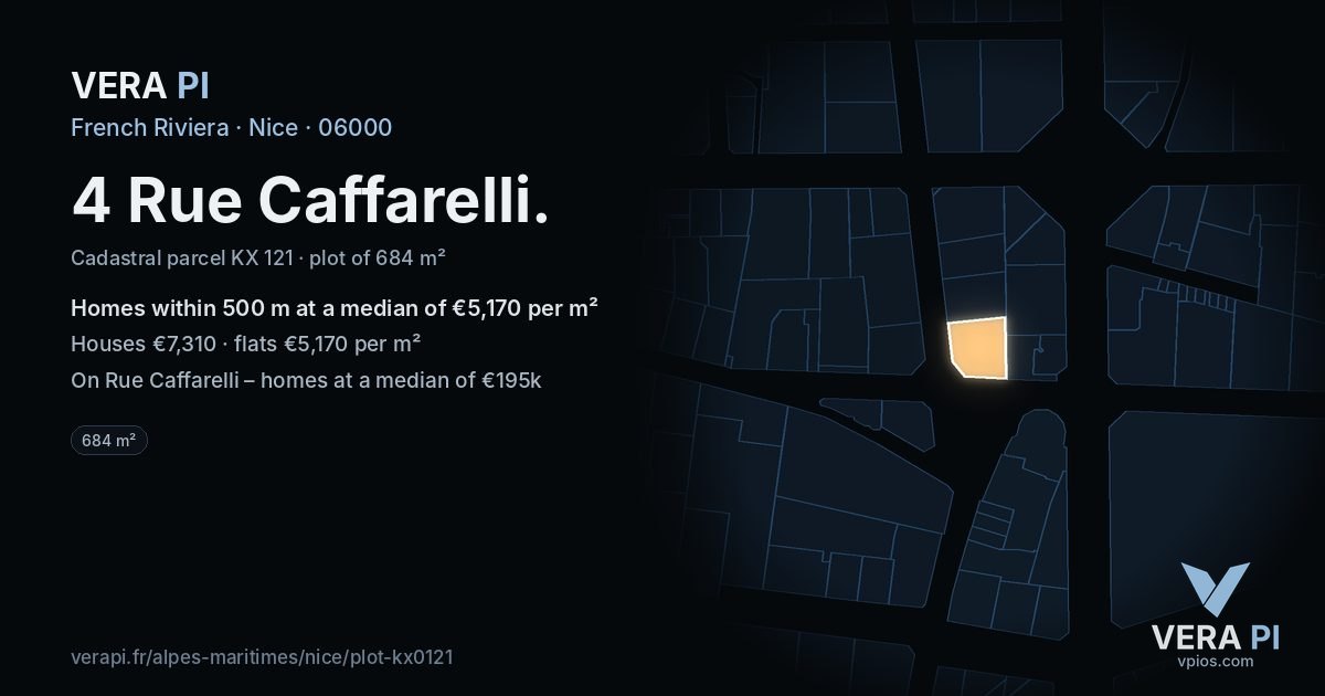 4 Rue Caffarelli, Nice at night – the plot lit, the parcels around coloured by the prices near them