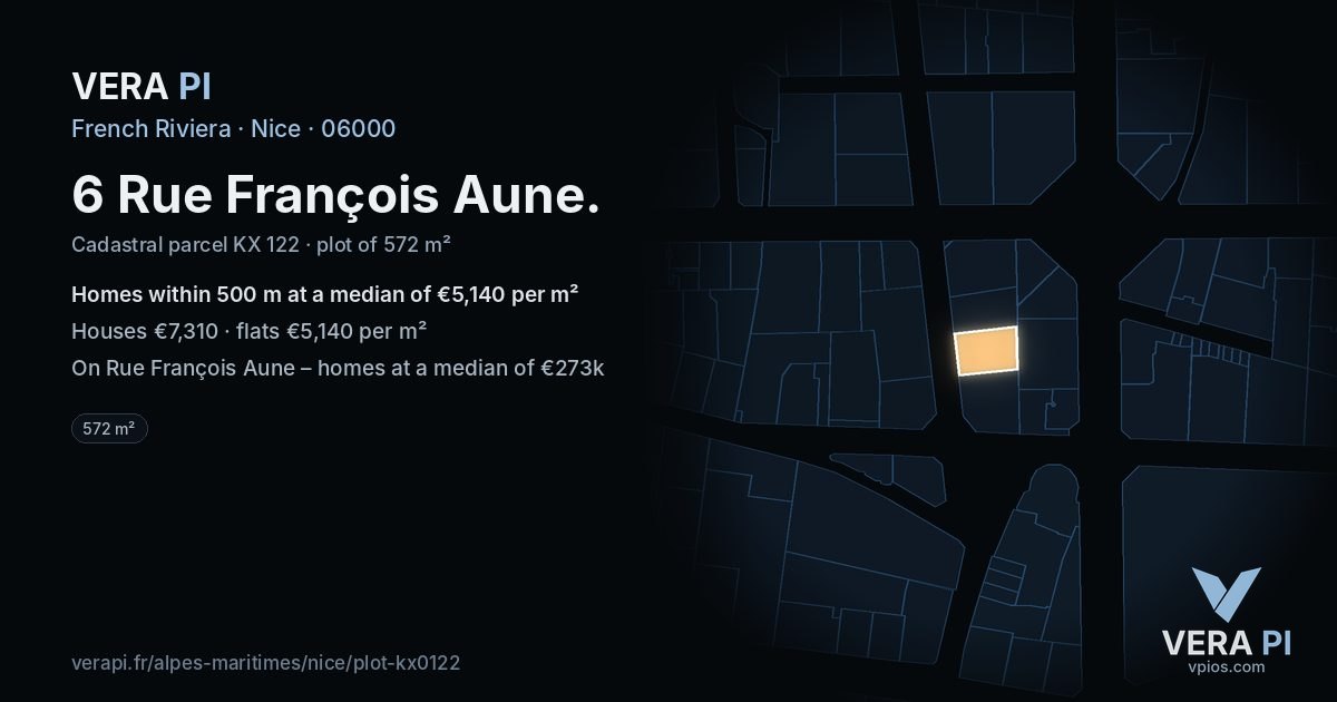 6 Rue François Aune, Nice at night – the plot lit, the parcels around coloured by the prices near them
