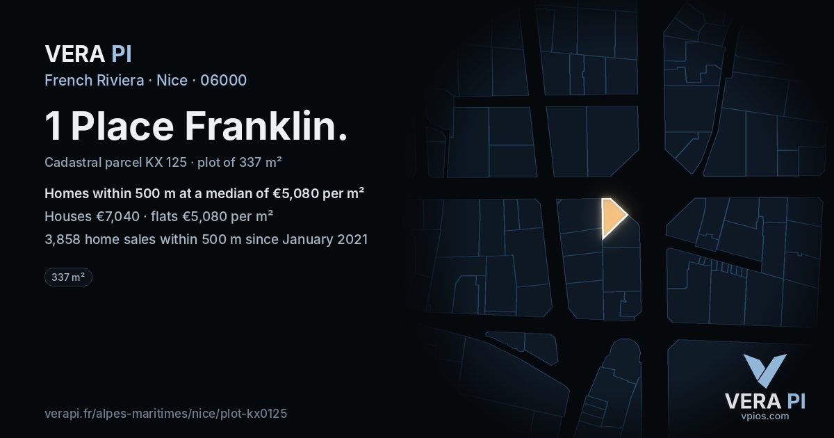 1 Place Franklin, Nice at night – the plot lit, the parcels around coloured by the prices near them