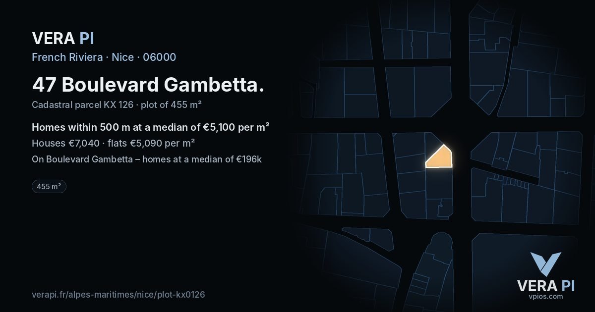 47 Boulevard Gambetta, Nice at night – the plot lit, the parcels around coloured by the prices near them