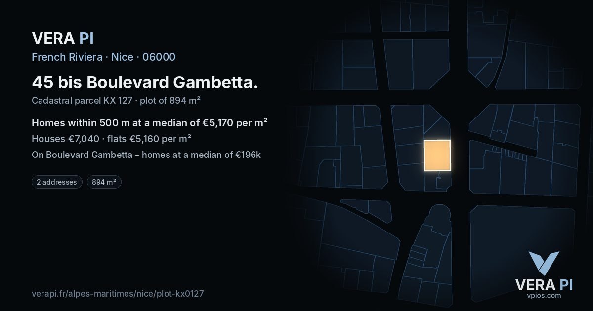 45 bis Boulevard Gambetta, Nice at night – the plot lit, the parcels around coloured by the prices near them