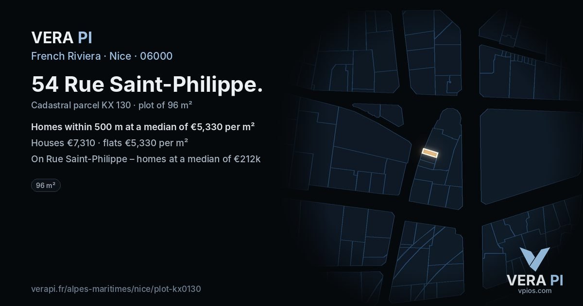 54 Rue Saint-Philippe, Nice at night – the plot lit, the parcels around coloured by the prices near them