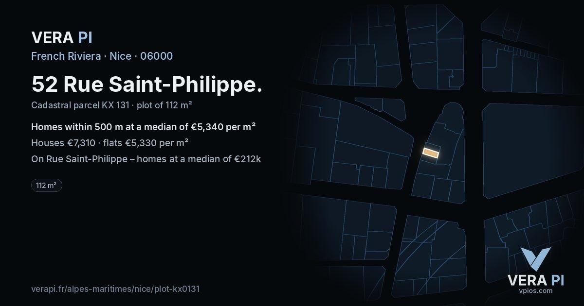 52 Rue Saint-Philippe, Nice at night – the plot lit, the parcels around coloured by the prices near them