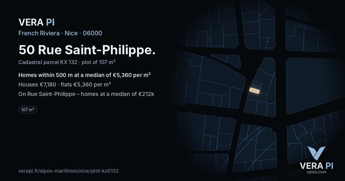 50 Rue Saint-Philippe, Nice at night – the plot lit, the parcels around coloured by the prices near them