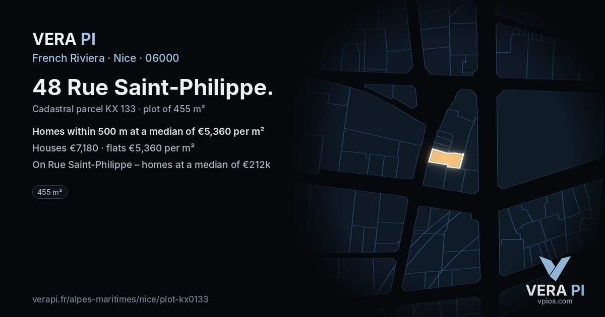 48 Rue Saint-Philippe, Nice at night – the plot lit, the parcels around coloured by the prices near them