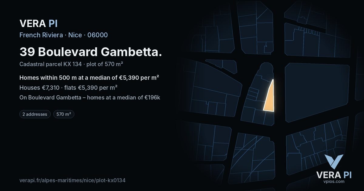 39 Boulevard Gambetta, Nice at night – the plot lit, the parcels around coloured by the prices near them