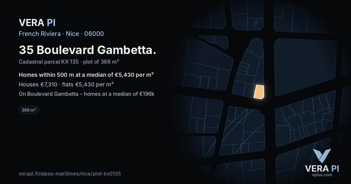 35 Boulevard Gambetta, Nice at night – the plot lit, the parcels around coloured by the prices near them