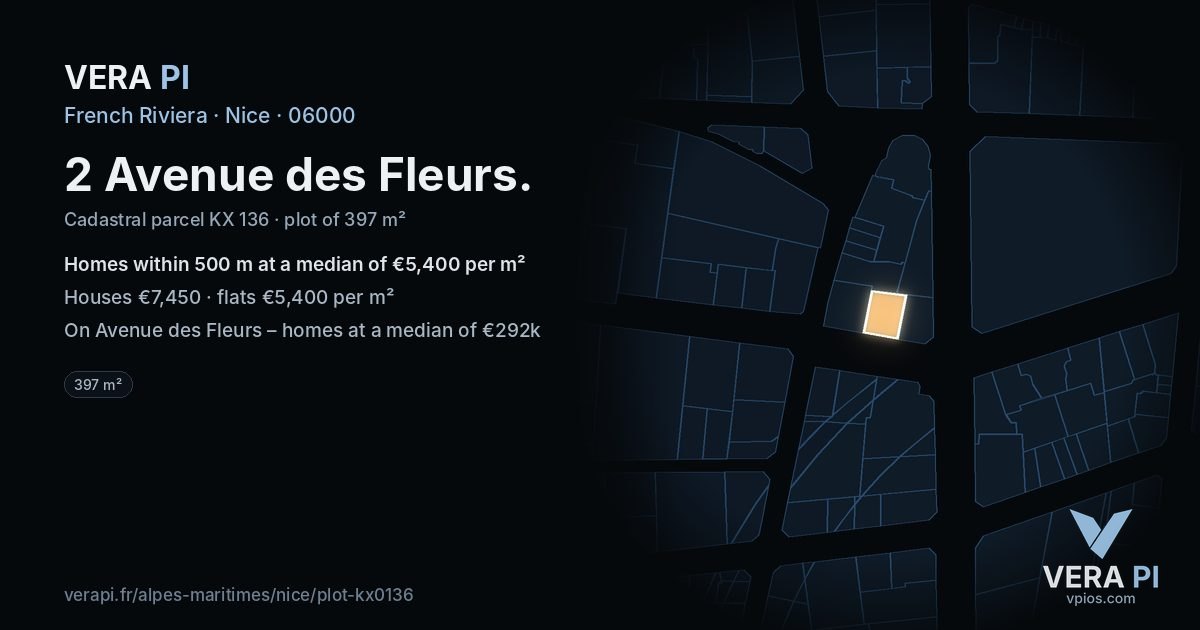 2 Avenue des Fleurs, Nice at night – the plot lit, the parcels around coloured by the prices near them