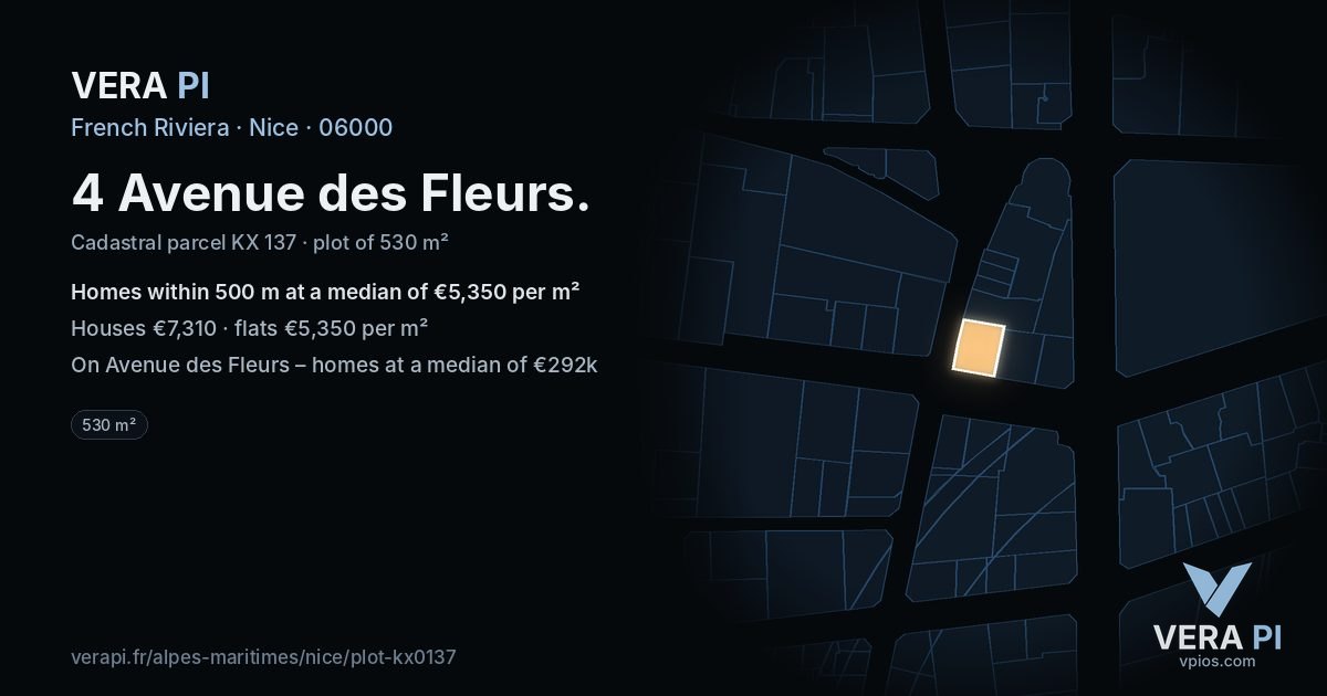 4 Avenue des Fleurs, Nice at night – the plot lit, the parcels around coloured by the prices near them