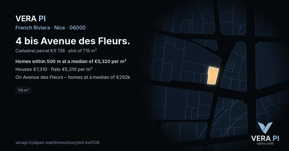 4 bis Avenue des Fleurs, Nice at night – the plot lit, the parcels around coloured by the prices near them