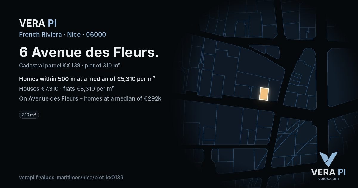 6 Avenue des Fleurs, Nice at night – the plot lit, the parcels around coloured by the prices near them