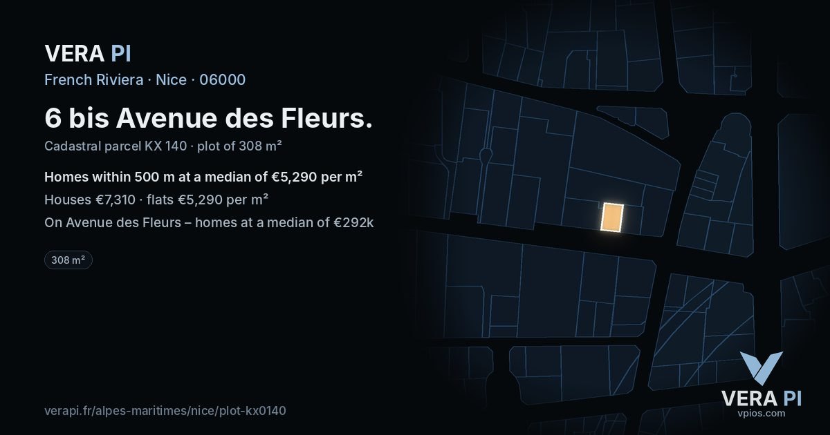 6 bis Avenue des Fleurs, Nice at night – the plot lit, the parcels around coloured by the prices near them