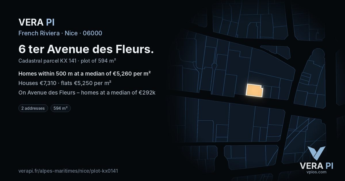 6 ter Avenue des Fleurs, Nice at night – the plot lit, the parcels around coloured by the prices near them
