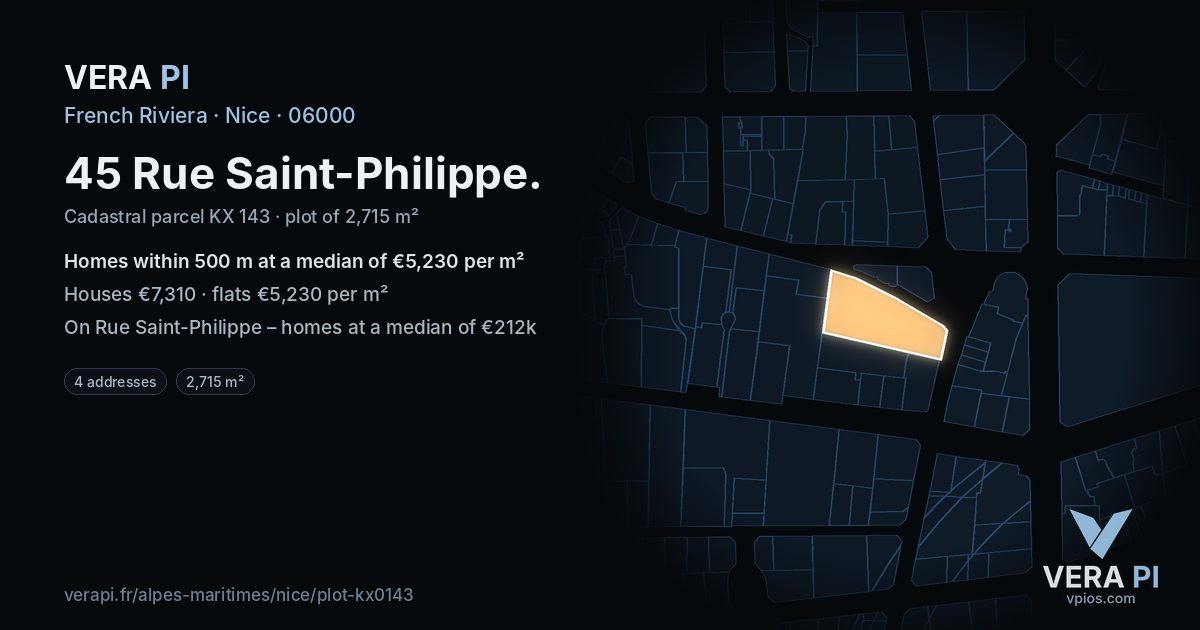 45 Rue Saint-Philippe, Nice at night – the plot lit, the parcels around coloured by the prices near them