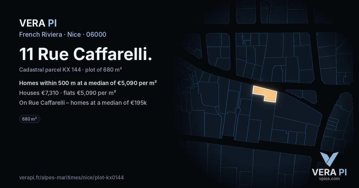 11 Rue Caffarelli, Nice at night – the plot lit, the parcels around coloured by the prices near them