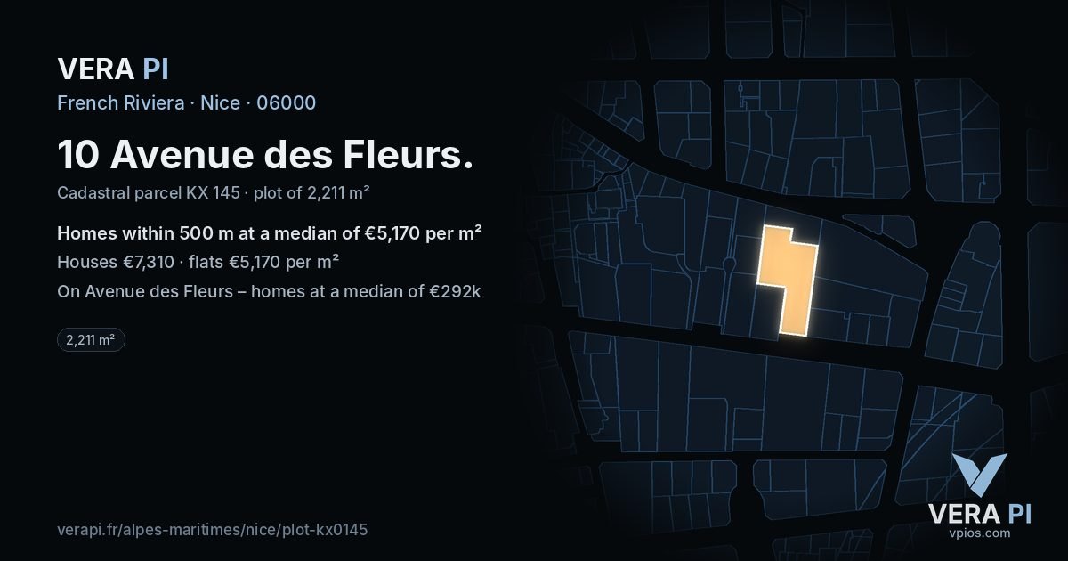10 Avenue des Fleurs, Nice at night – the plot lit, the parcels around coloured by the prices near them