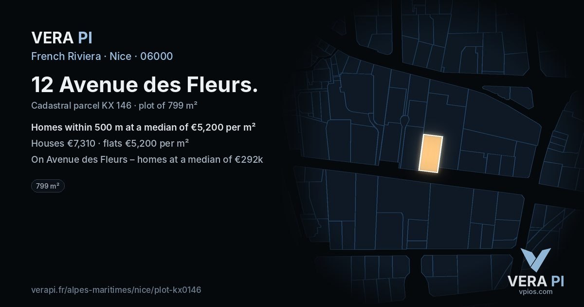 12 Avenue des Fleurs, Nice at night – the plot lit, the parcels around coloured by the prices near them