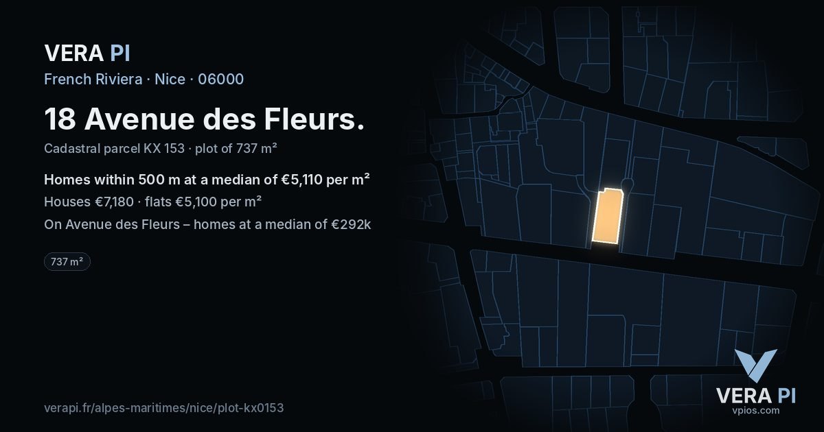 18 Avenue des Fleurs, Nice at night – the plot lit, the parcels around coloured by the prices near them