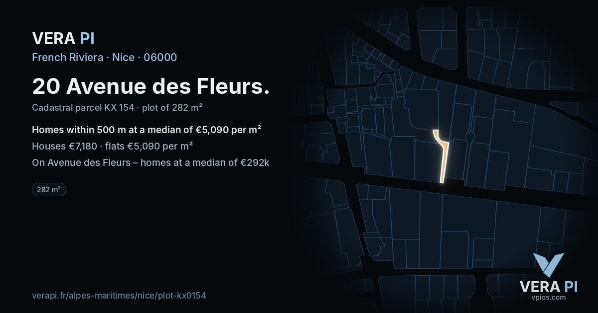 20 Avenue des Fleurs, Nice at night – the plot lit, the parcels around coloured by the prices near them