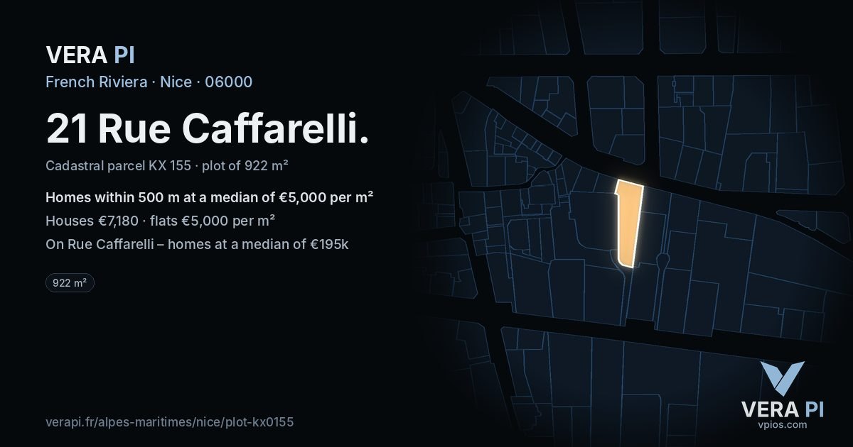 21 Rue Caffarelli, Nice at night – the plot lit, the parcels around coloured by the prices near them