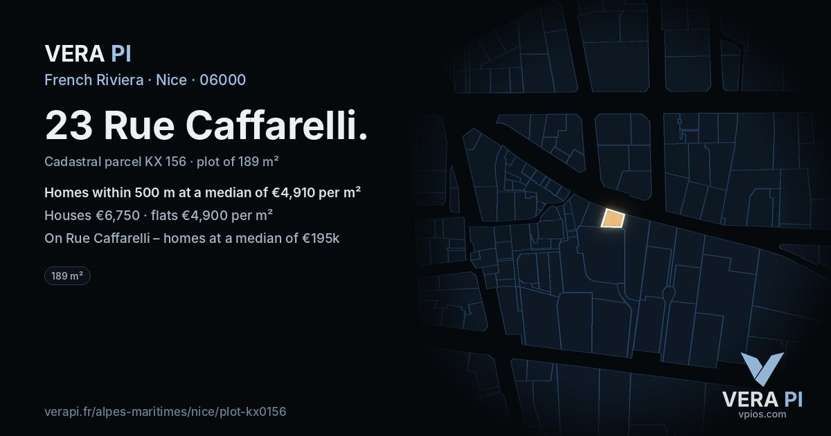 23 Rue Caffarelli, Nice at night – the plot lit, the parcels around coloured by the prices near them
