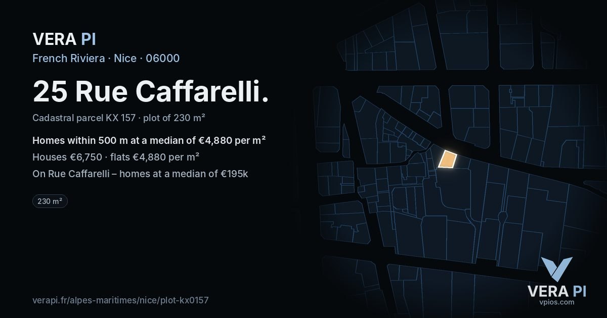 25 Rue Caffarelli, Nice at night – the plot lit, the parcels around coloured by the prices near them