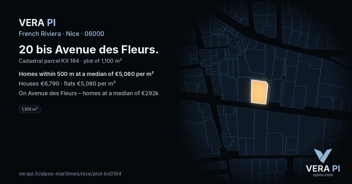 20 bis Avenue des Fleurs, Nice at night – the plot lit, the parcels around coloured by the prices near them