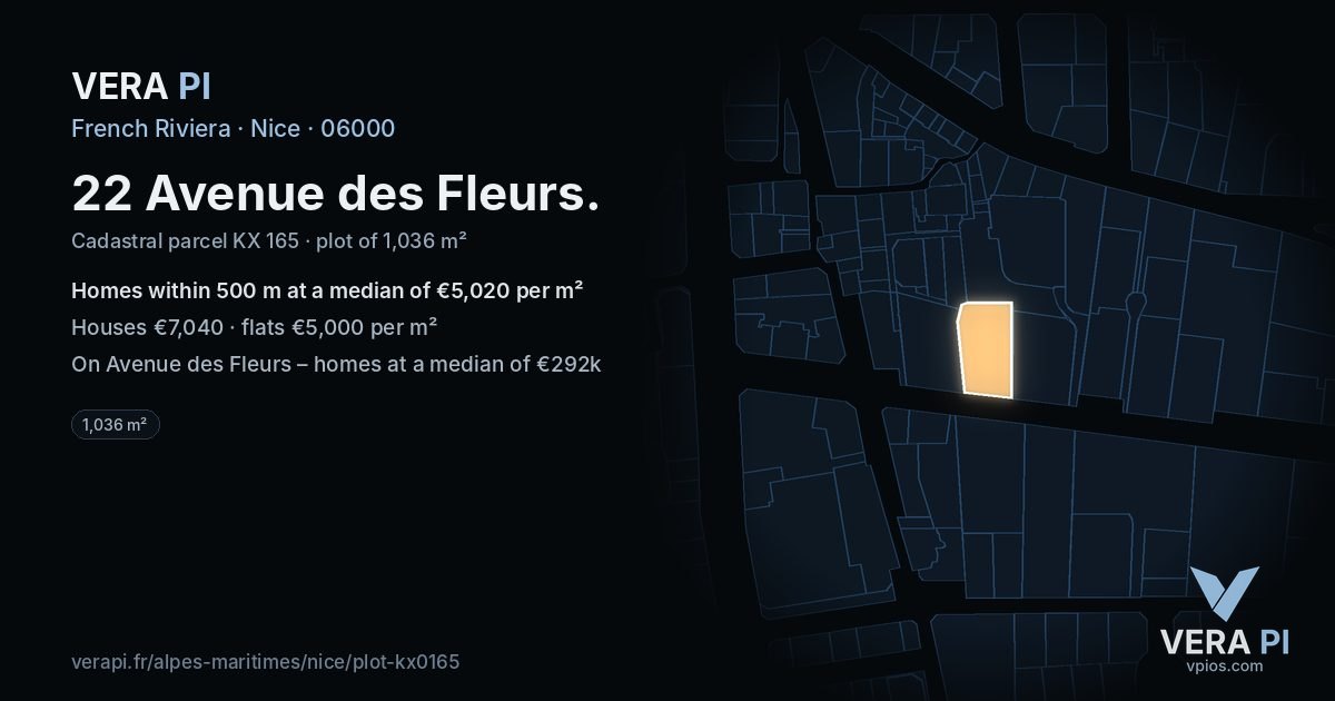 22 Avenue des Fleurs, Nice at night – the plot lit, the parcels around coloured by the prices near them