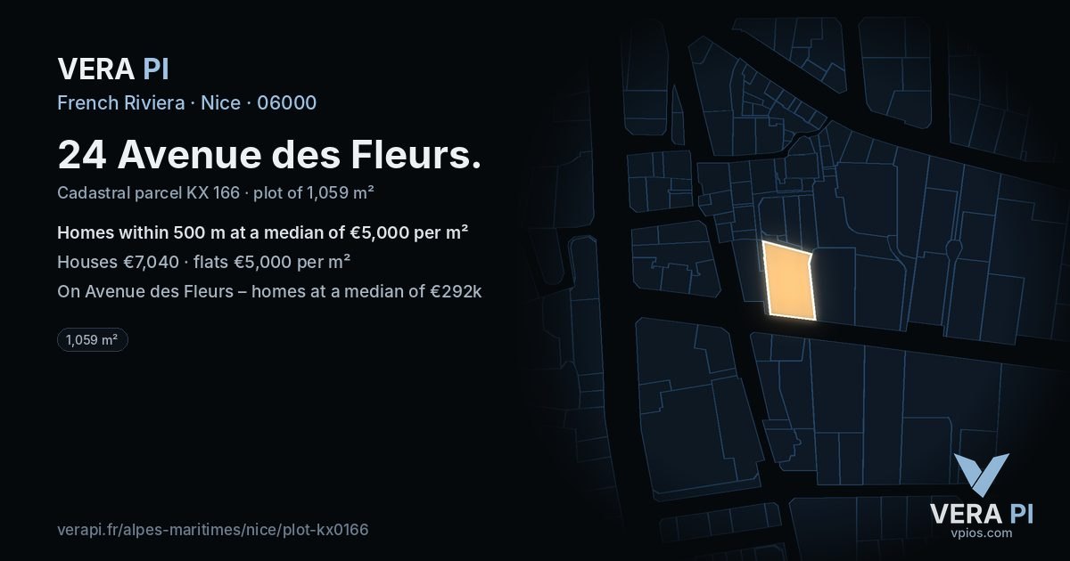 24 Avenue des Fleurs, Nice at night – the plot lit, the parcels around coloured by the prices near them