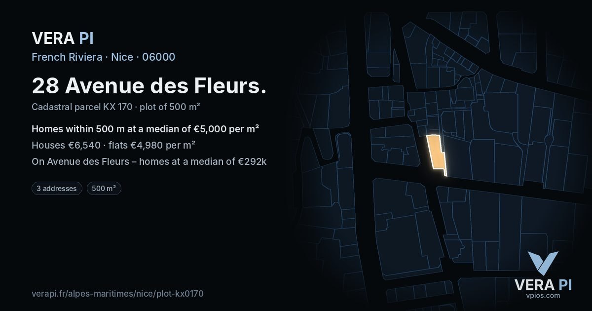 28 Avenue des Fleurs, Nice at night – the plot lit, the parcels around coloured by the prices near them