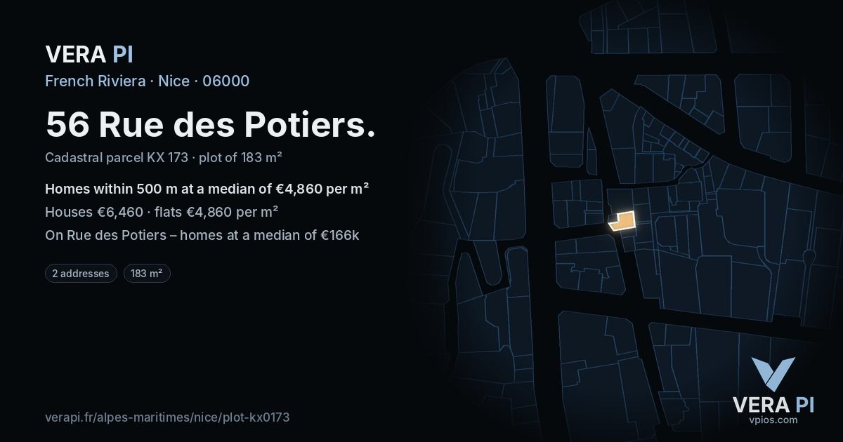 56 Rue des Potiers, Nice at night – the plot lit, the parcels around coloured by the prices near them