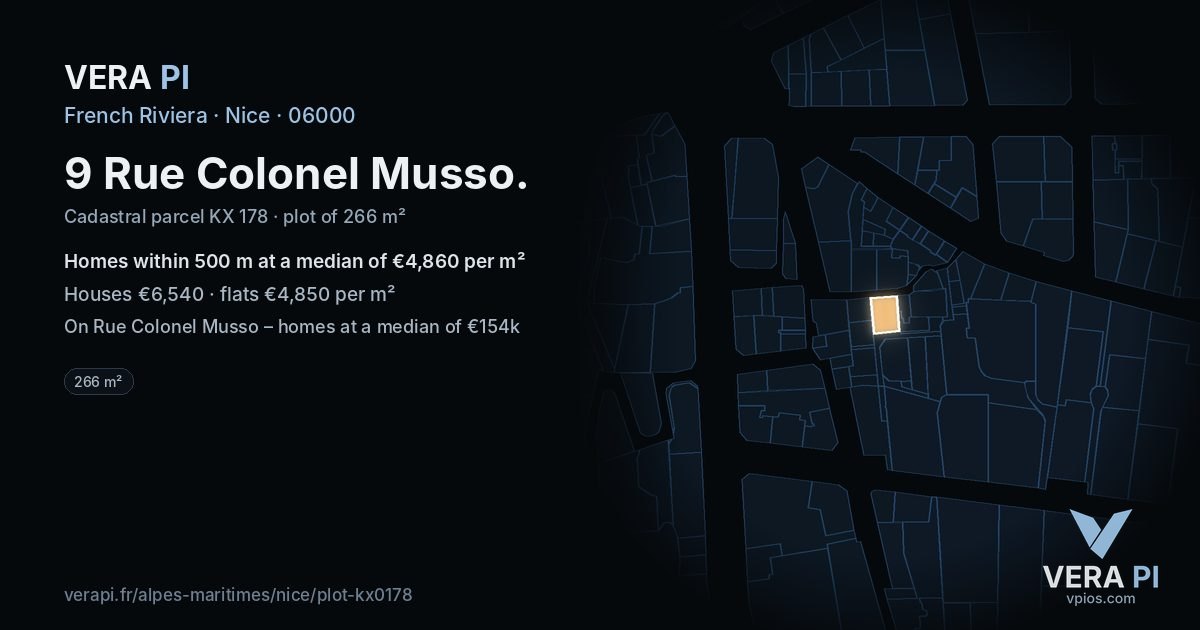 9 Rue Colonel Musso, Nice at night – the plot lit, the parcels around coloured by the prices near them