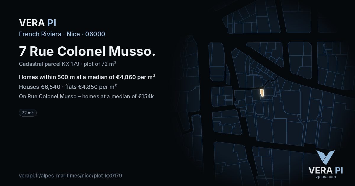 7 Rue Colonel Musso, Nice at night – the plot lit, the parcels around coloured by the prices near them