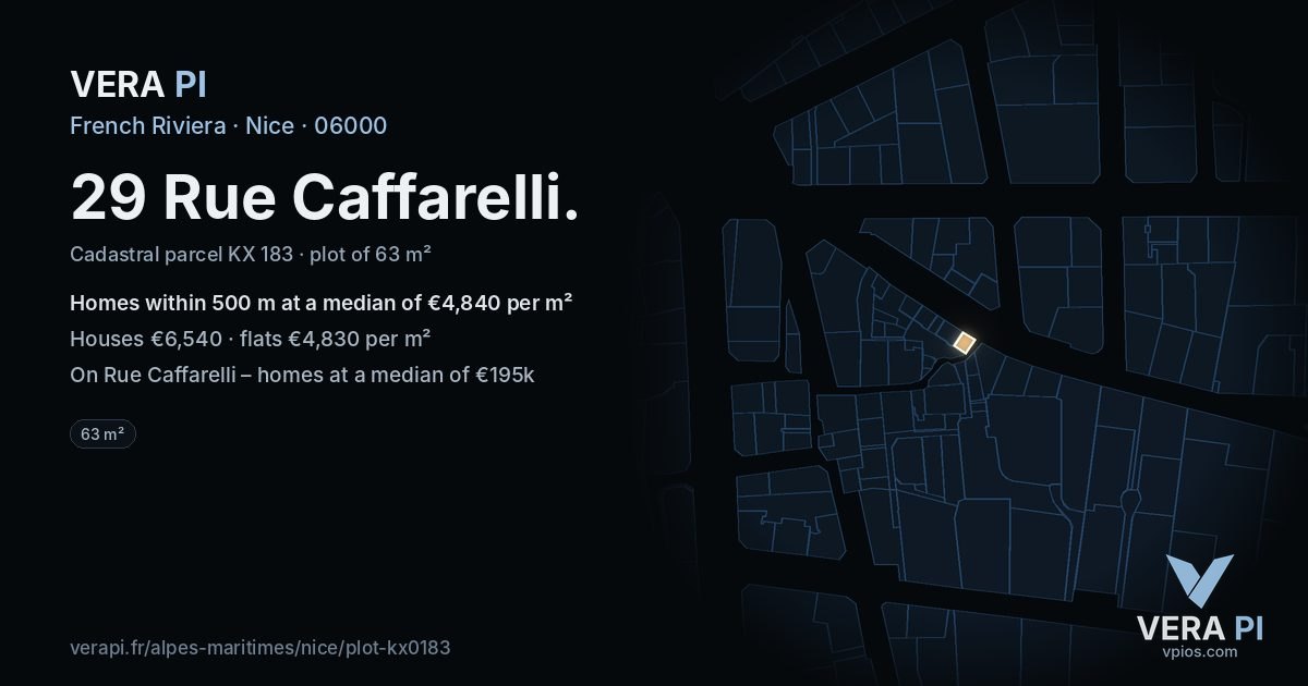 29 Rue Caffarelli, Nice at night – the plot lit, the parcels around coloured by the prices near them