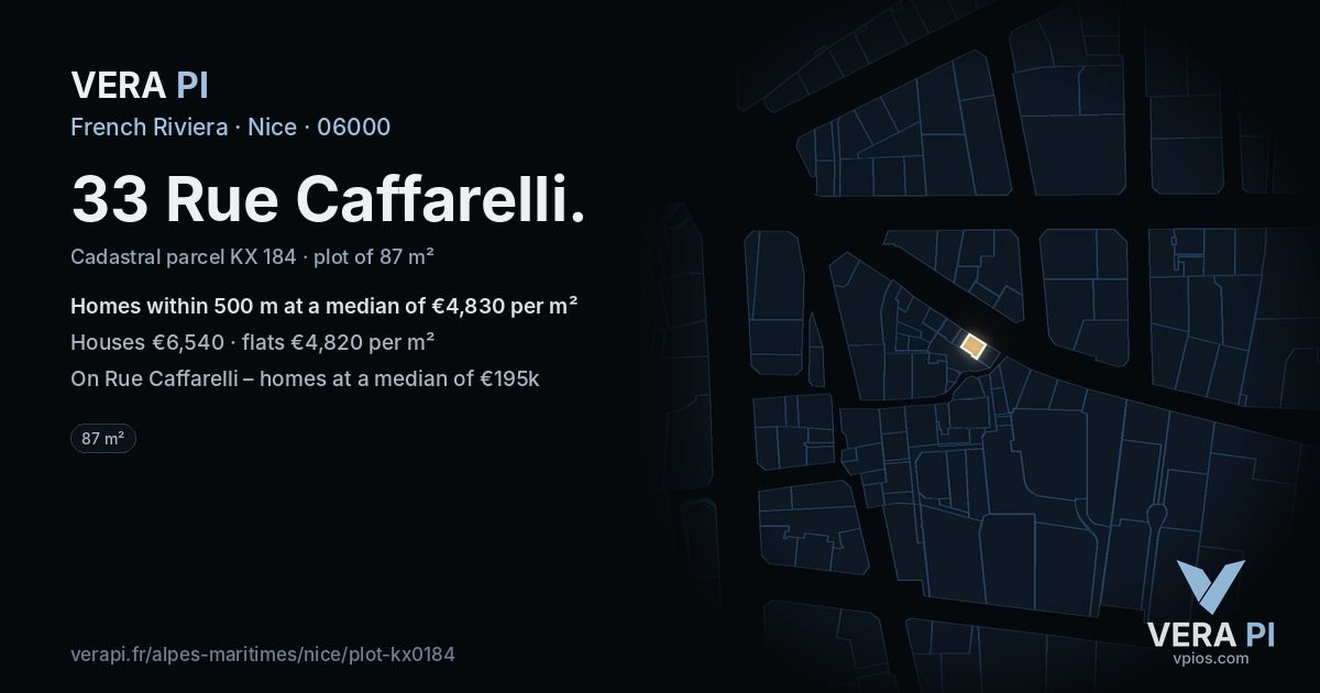 33 Rue Caffarelli, Nice at night – the plot lit, the parcels around coloured by the prices near them
