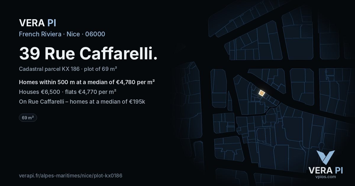 39 Rue Caffarelli, Nice at night – the plot lit, the parcels around coloured by the prices near them