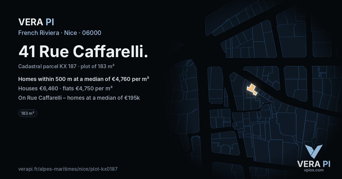 41 Rue Caffarelli, Nice at night – the plot lit, the parcels around coloured by the prices near them