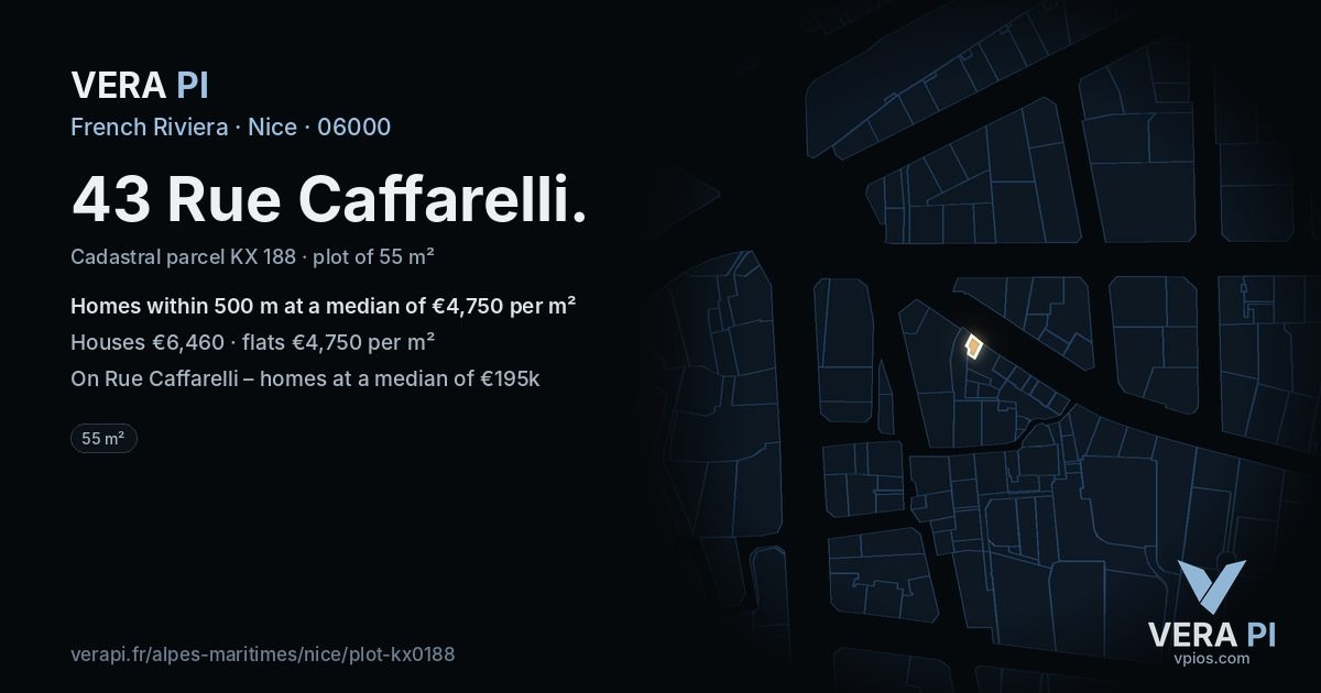 43 Rue Caffarelli, Nice at night – the plot lit, the parcels around coloured by the prices near them
